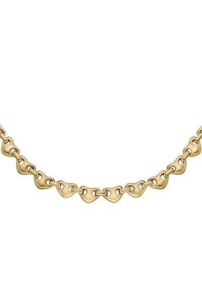 Collier chaîne ton or avec des maillons en forme de cœur, finition lisse et accents texturés. Idéal pour être porté en superposition ou seul.