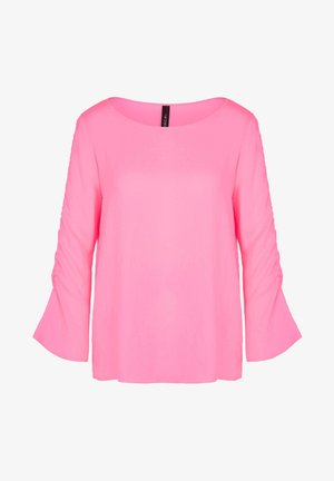 Pink long-sleeve top with a round neckline, featuring gathered detailing on the sleeves and a loose fit. Smooth fabric texture.