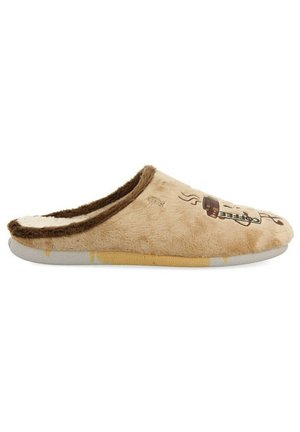 Zapatilla de felpa beige con ribete marrón, que presenta un diseño de taza de café. Textura suave y suela acolchada para mayor comodidad. Estilo sin hebillas, sin talón.