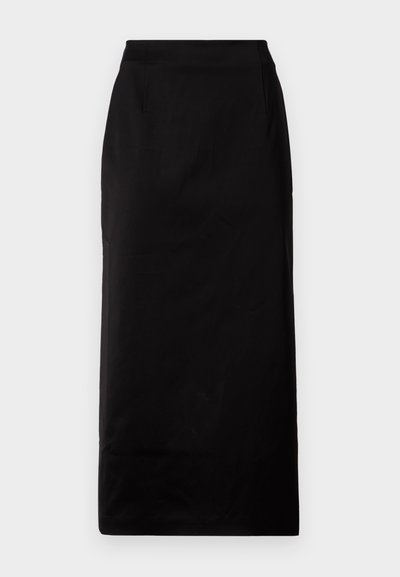 Črna krila do kolen s ravno obliko, izdelana iz gladkega blaga. Ima dva stranska žepa in čist dizajn pasu.