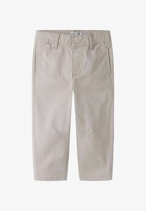Παντελόνια για μωρά σε ανοιχτό μπεζ χρώμα με ελαστική μέση, θηλιές για ζώνη, εμπρόσθιες τσέπες και ορατές λεπτομέρειες ραφής.