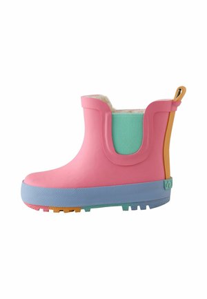 Stivale da pioggia per bambini alto alla caviglia di colore rosa con suola azzurro chiaro, pannello laterale elastico turchese, linguetta arancione e battistrada multicolore.