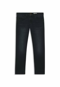 Jeans de mezclilla oscura con corte recto, ligero desgaste, diseño de cinco bolsillos y detalles de costura en naranja en la cinturilla.
