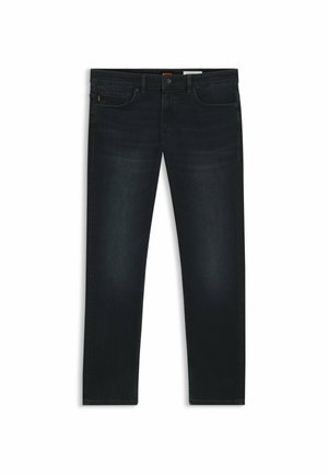 Donkerdenim jeans met een rechte snit, subtiele vervaging, vijf-pocket ontwerp en oranje stikselaccenten op de tailleband.