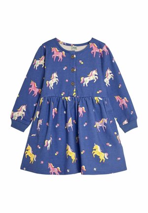 Blue long-sleeve dress featuring a unicorn print in pink, yellow, and white, with a button front and gathered skirt. Soft fabric texture.