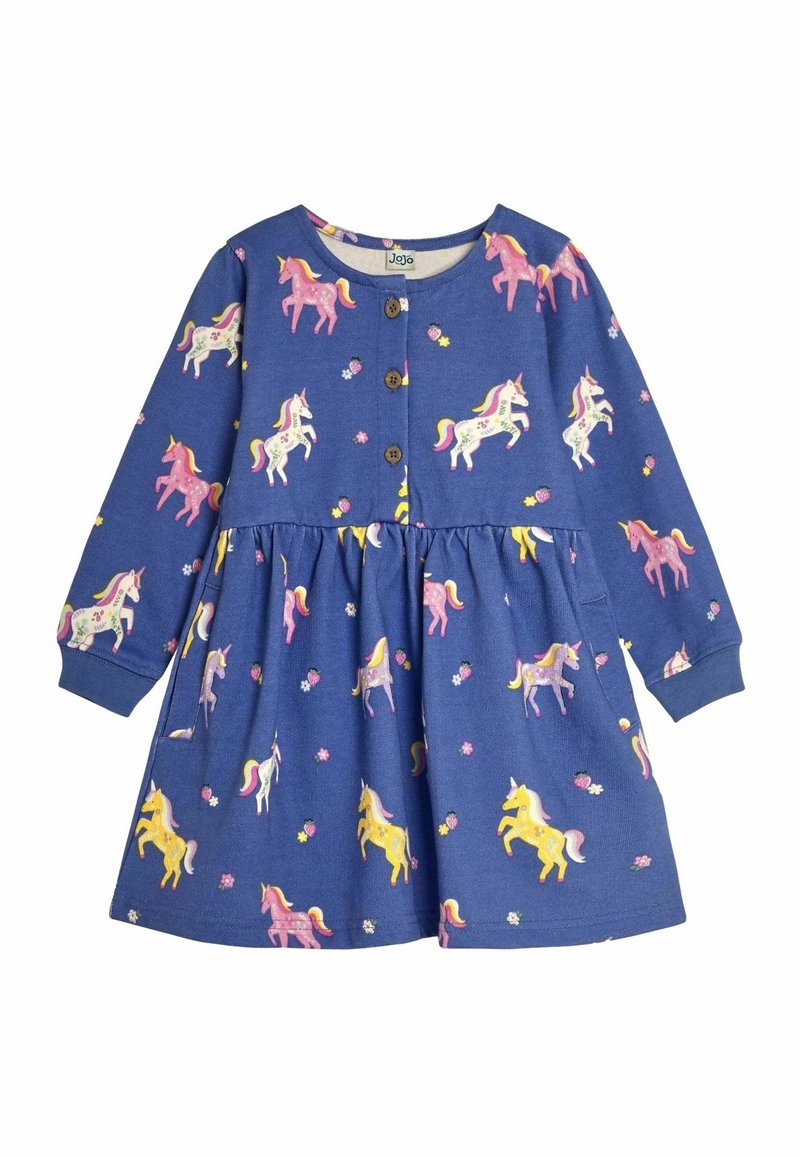 Robe bleue à manches longues avec un imprimé licorne rose, jaune et blanc, dotée d'une fermeture à boutons sur le devant et d'une jupe froncée. Texture de tissu doux.