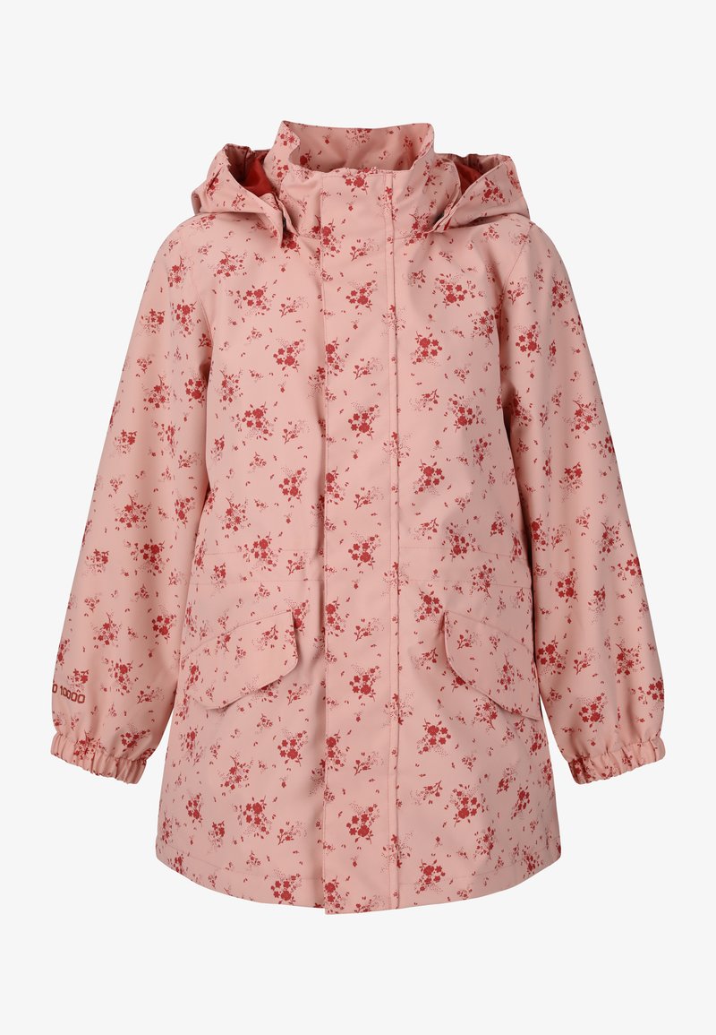 Lichtroze regenjas met een rood bloemenpatroon, voorzien van een capuchon, elastische manchetten en twee grote voorzakken. Waterdicht materiaal.