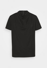 Svart kortärmad topp med draperad halsringning och dragkedjedetalj i ryggen, gjord av mjukt och slätt tyg. Enkel, minimalistisk design.