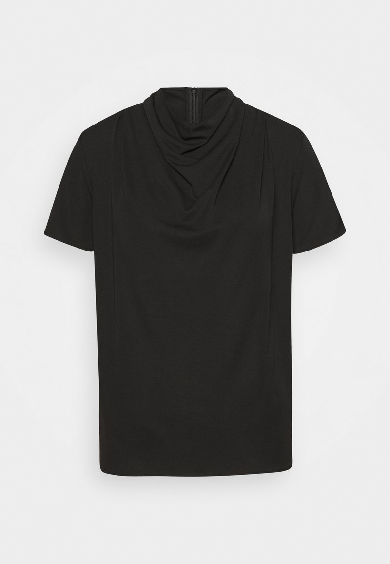 Svart kortärmad topp med draperad halsringning och dragkedjedetalj i ryggen, gjord av mjukt och slätt tyg. Enkel, minimalistisk design.