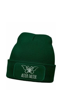 Green knitted beanie with ribbed texture. Features a rectangular patch with a white butterfly graphic and the text "ALTER FALTER."