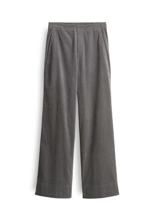 Grijze corduroybroek met een relaxte pasvorm, voorzien van een elastische tailleband, zijzakken en een wijde pijpdesign. Geverfd stof met verticale ribbels.
