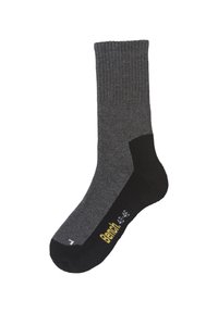 Grau gestrickte Socken mit Rippenstruktur, die eine schwarze Ferse und Zehen haben. Enthält das Wort "Bench" in Gelb an der Seite. Standard Crew-Länge.