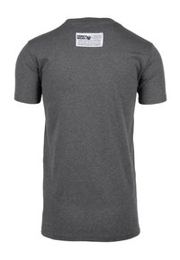 Graues T-Shirt mit kurzen Ärmeln und rundem Ausschnitt, aus Baumwolle, mit einem weißen Etikett auf der Rückseite, das Marken- und Pflegeinformationen enthält.