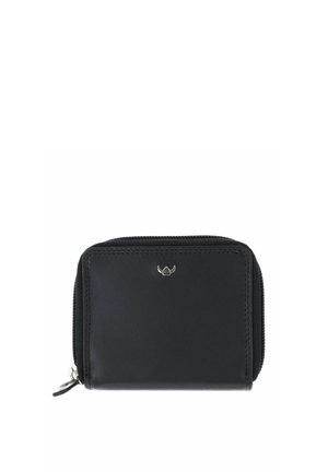 Black leather compact wallet with zipper closure and small silver logo centered on front.
