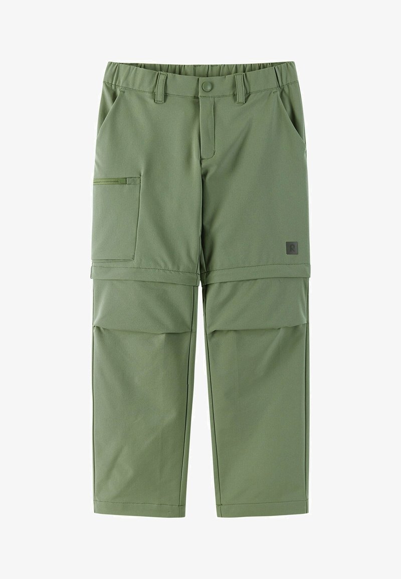 Grüne, leichte Cargo-Hosen mit einem elastischen Bund, Fronttaschen und einer seitlichen Tasche. Das Material wirkt glatt und langlebig.