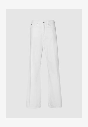 Bele traperice iz denima s ravnim krojem, s prednjim žepima, gumbom in zadrgo ter klasičnim oblikovanjem s petimi žepi.