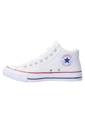 White high-top Converse All Star sneaker with red, white, and blue sole stripes and a blue star logo on the ankle patch.