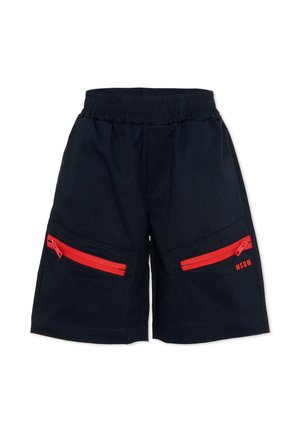 Shorts neri con vita elasticizzata, dotati di due tasche frontali con zip rosse e piccolo logo rosso "MSGM" sulla tasca destra.