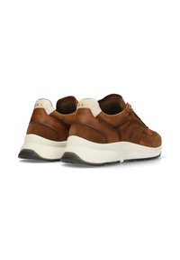 Bruine suède en leren sneakers met witte accenten, dikke gewatteerde zool, met drie gouden sterren op de hiel.