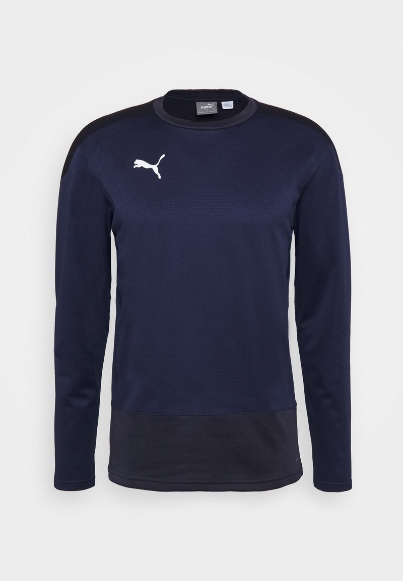 Maglia sportiva a maniche lunghe Puma blu navy con accenti neri sulle spalle e sul fondo, con logo Puma bianco sul petto.