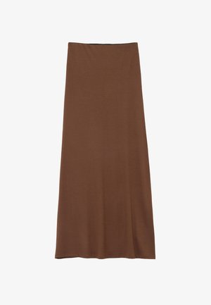 Jupe marron longueur cheville en tissu doux et extensible. Elle présente un design simple et sans couture avec une taille élastique.