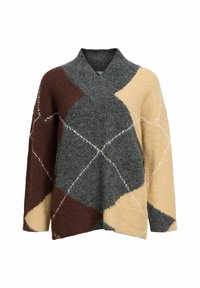 Knitted sweater featuring a relaxed fit, V-neck, and a diamond pattern in gray, brown, and beige with white accents. Soft, cozy texture.