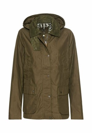 Olijfgroen jack met een capuchon, geribbelde kraag, drukknoopsluiting aan de voorkant en twee grote zijzakken. Glad textuur, casual ontwerp.