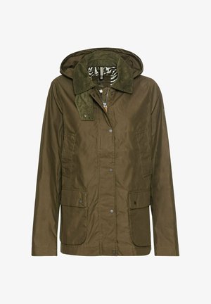 Veste vert olive avec capuche, col en velours côtelé, fermetures à pression à l'avant et deux grandes poches latérales. Texture lisse, design décontracté.