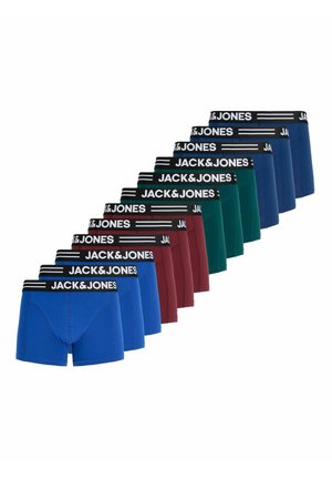 Dwanaście par męskich bokserek Jack & Jones w kolorach niebieskim, bordowym, zielonym i granatowym z czarnymi ściągaczami z nazwą marki.