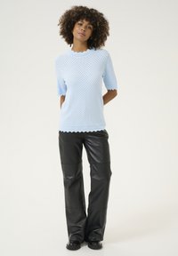 Šviesiai mėlynas mezginys su trumpomis rankovėmis ir banguotais kraštais, derinamas su juodomis odinėmis plačiomis kelnėmis. Sklandus paviršius ir kvėpuojantis dizainas.