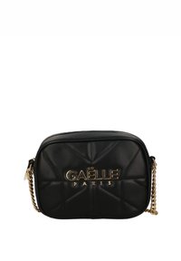 Borsa a tracolla nera trapuntata con hardware in tonalità oro. Presenta una chiusura con zip e una tracolla a catena. Logo "GAËLLE PARIS" in evidenza.