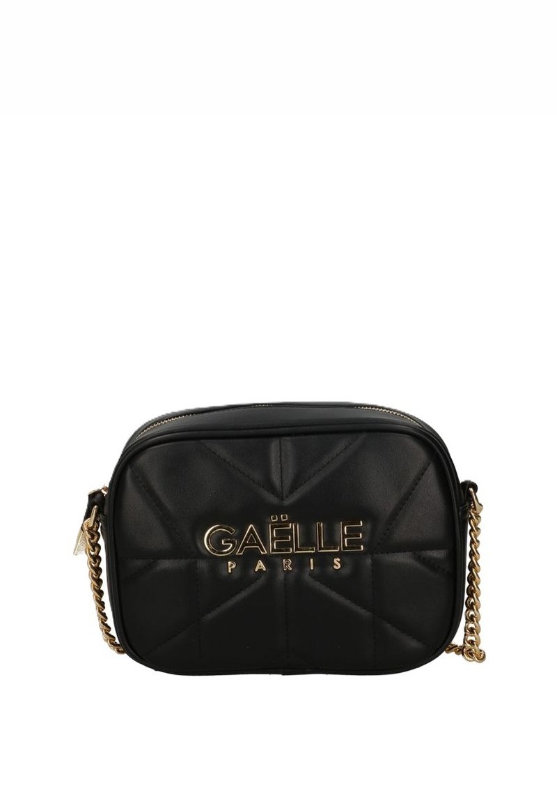 Borsa a tracolla nera trapuntata con hardware in tonalità oro. Presenta una chiusura con zip e una tracolla a catena. Logo "GAËLLE PARIS" in evidenza.