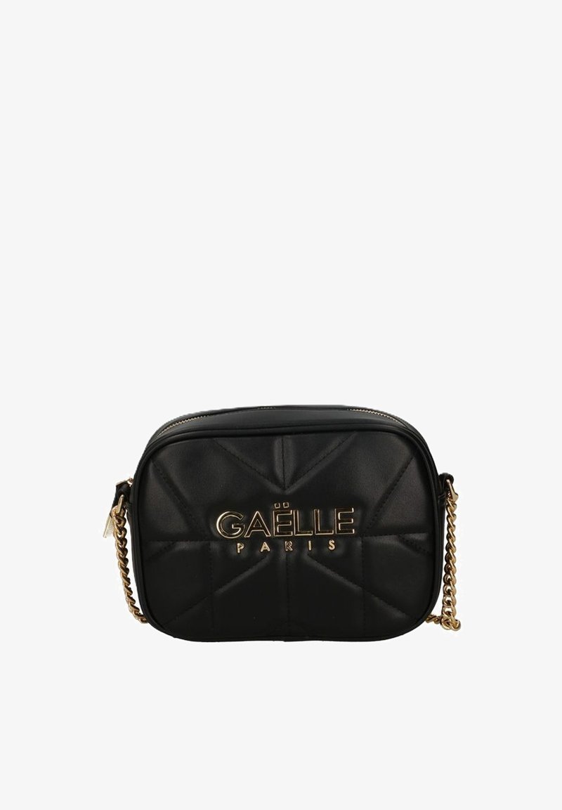 Borsa a tracolla nera trapuntata con hardware in tonalità oro. Presenta una chiusura con zip e una tracolla a catena. Logo "GAËLLE PARIS" in evidenza.
