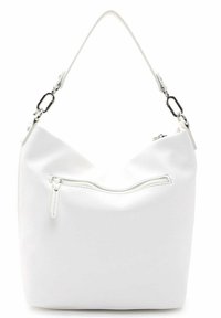 Borsa a spalla in pelle bianca con un design morbido, dotata di chiusura superiore a zip e una tasca frontale. La tracolla presenta dettagli in metallo argentato.