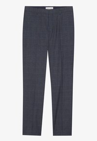 Pantaloni blu navy a trama con motivo a quadri, caratterizzati da gambe dritte e una vita classica, progettati per abbigliamento formale.