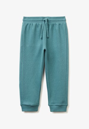 Tyrkysové tepláky s elastickým páskem na stažení, ribkovanými manžetami a měkkou, strukturovanou tkaninou, s rovnými nohavicemi a bez dalších ozdob.