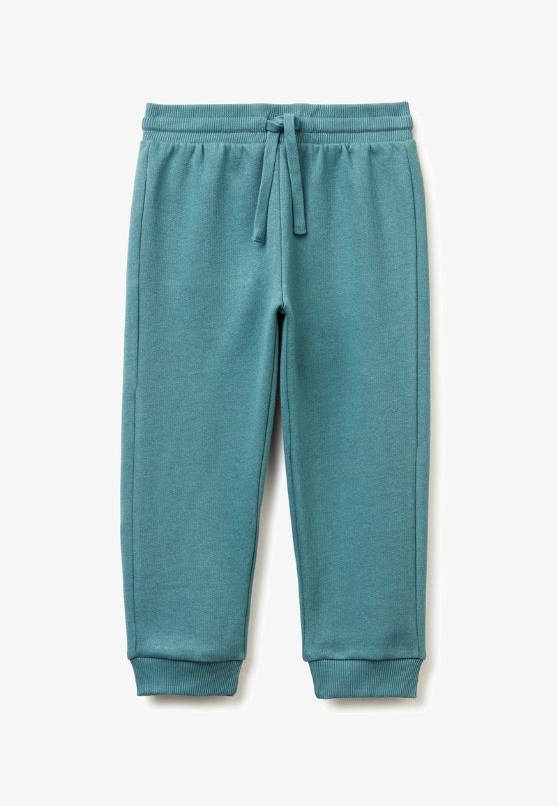 Tyrkysové tepláky s elastickým páskem na stažení, ribkovanými manžetami a měkkou, strukturovanou tkaninou, s rovnými nohavicemi a bez dalších ozdob.