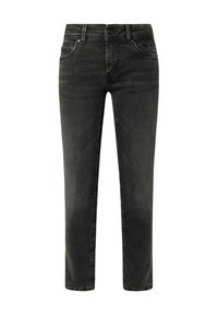 Jeans de mezclilla gris oscuro con un diseño de pierna recta, que cuentan con cinco bolsillos, un cierre de botón y un sutil acabado desvanecido en la tela.