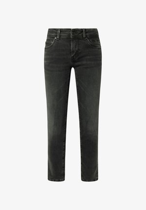 Donkergrijze denim jeans met een rechte pijp, voorzien van vijf zakken, een knoopsluiting en een subtiele vervaging op de stof.