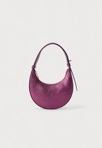 Purple metallic leather handbag with a curved semicircular shape, a short handle, and gold-tone hardware detail. Smooth texture.