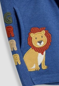 Kék textil, amelyen hímzett oroszlánminta látható, barna sörénnyel. Színes "G", "R" és "R" betűk vannak hímzve az oldalon.