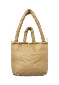 Tan, padded tote bag made of quilted nylon. Features two elongated handles and a smaller, central handle. Smooth texture with subtle shine.
