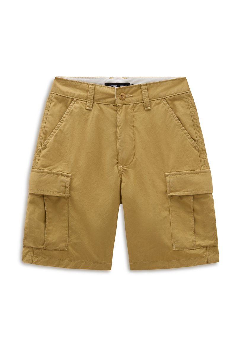 Khaki cargoshorts met een knoopsluiting, uitgerust met twee zijzakken en twee cargozakken. Gemaakt van een gladde, lichte stof.
