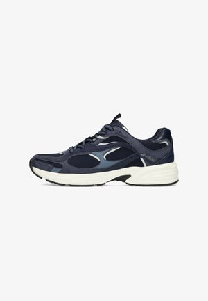 Marine sportieve schoenen met bovenkant van mesh, rubberen zool, een kenmerkend golvenpatroon, gevoerde kraag en reflecterende accenten. Vetersluiting met comfortabele ondersteuning.