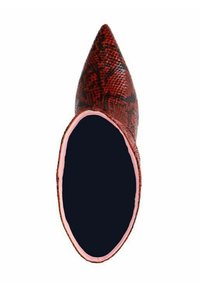 Red and black snakeskin-patterned high-heeled shoe with pointed toe, featuring a smooth interior lining and contrasting inner rim.