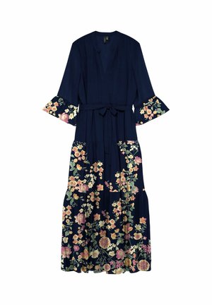 Robe midi bleu marine avec manches évasées et motifs floraux sur les poignets et la jupe, dotée d'une ceinture à la taille et d'un décolleté en V.