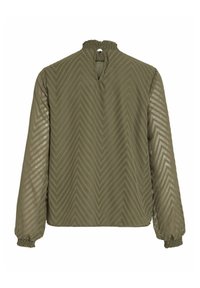 Blouse vert olive avec un motif en chevrons texturé, dotée de manches longues, d'un col froncé et d'un dos légèrement en V.
