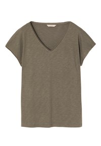 Olivegrøn V-hals T-shirt lavet af blødt, let stof. Løs pasform med kortærmer og en subtil meleret tekstur.