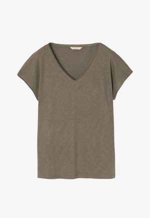 Oliegroene V-hals T-shirt gemaakt van zachte, lichte stof. Ontspannen pasvorm met kapmouwen en een subtiele gemêleerde textuur.