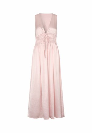 Vestido midi sin mangas de color rosa claro con escote en V profundo, talle imperio fruncido y cordón de ajuste en la parte delantera.